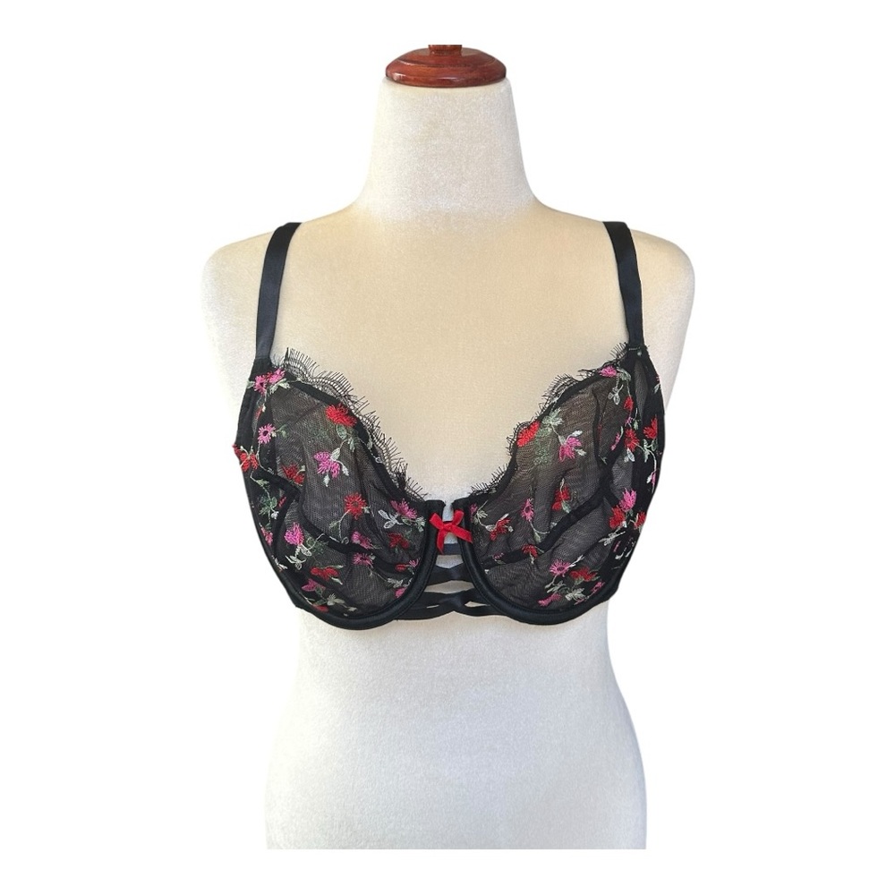 Cacique Floral Sexy Embroidered Sheer Lace  Black Bra Size 42D